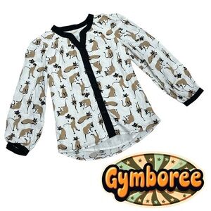 Gymboree Girls Size 7 Retro Cat Print Button Down Shirt White Black Tan